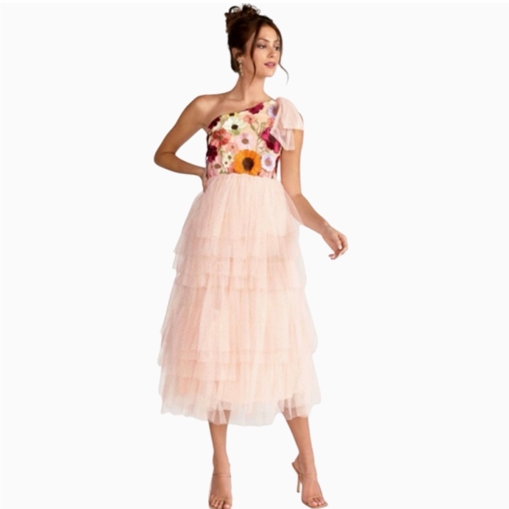 Just Me Blush Pink One-Shoulder Floral Bodice Tiered Tulle Dress